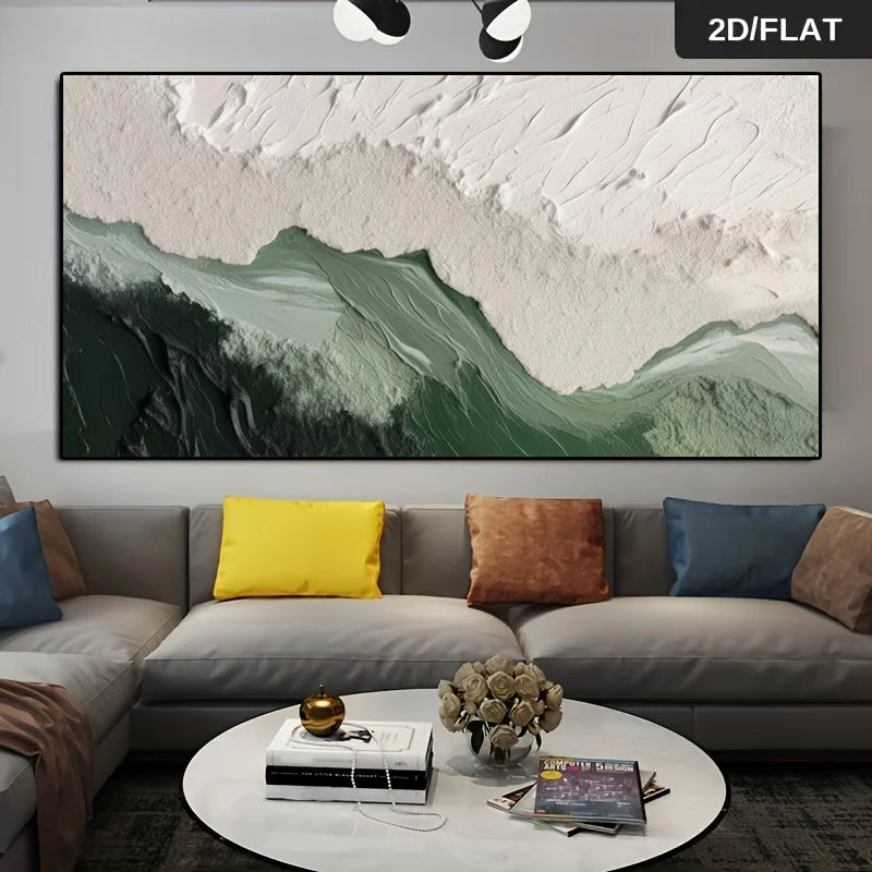 tableau abstrait contemporain toile peinture verte blanc gris sans cadre moderne décoration murale chambre