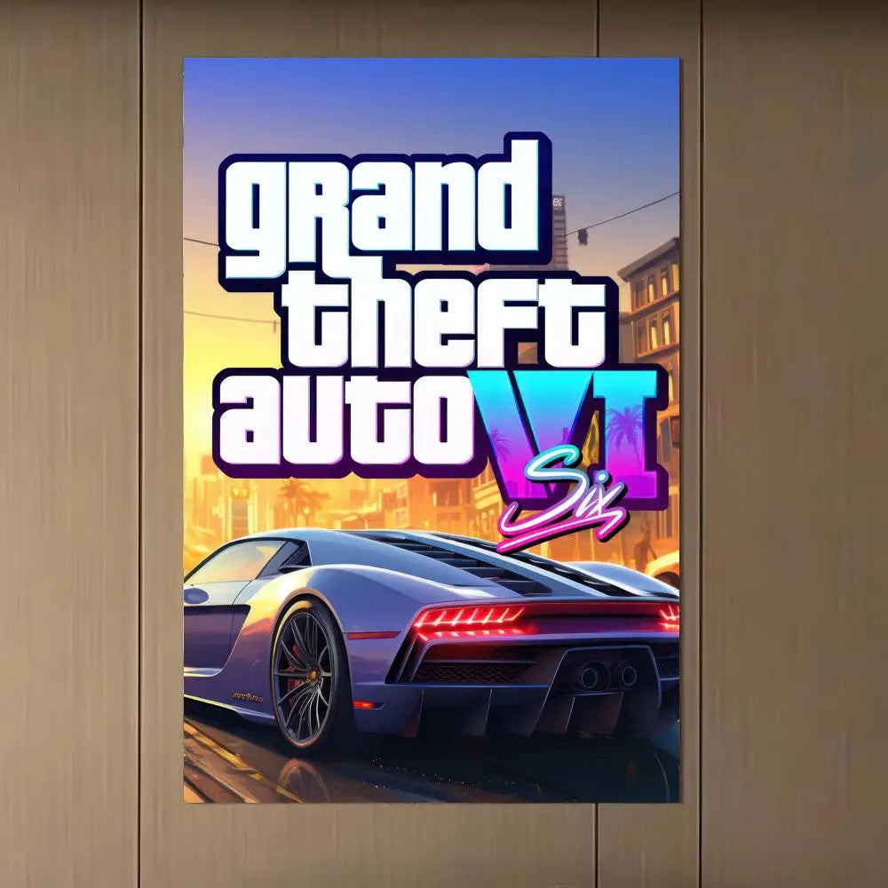 affiche jeu vidéo grand theft auto vi multicolore personnages scènes verte bleue moderne artwork