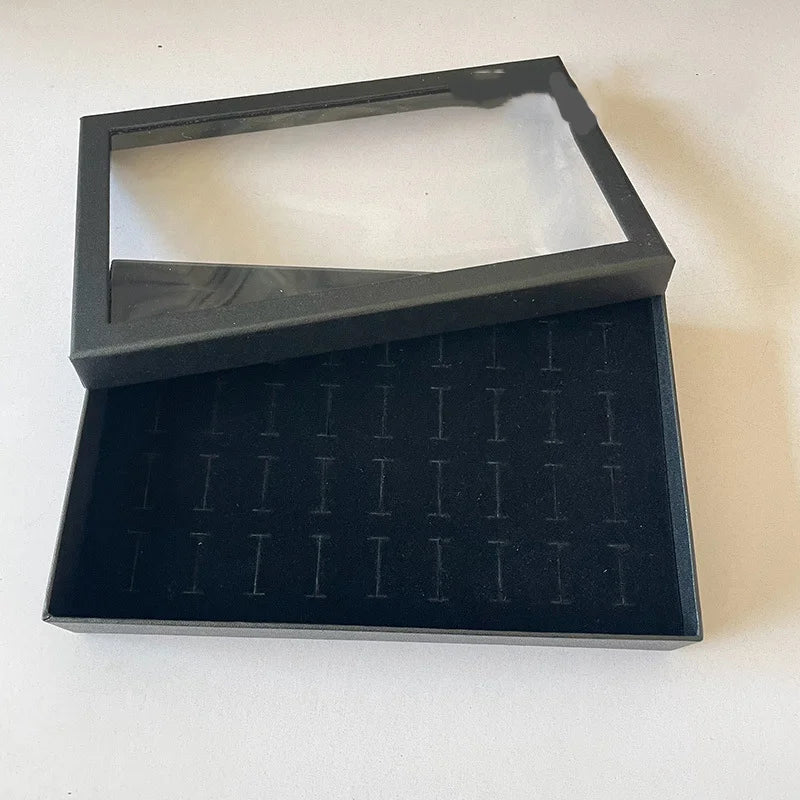 boîte bijoux noire tissu velours géométrique classique rangement 36 compartiments couvercle transparent organisateur