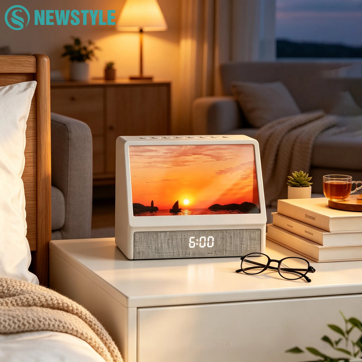 lampe réveil moderne blanc gris snooze lumière variable bruit blanc affichage numérique bluetooth