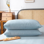 Deux oreillers bleu ciel posés sur un lit avec des meubles en bois et un fauteuil en rotin dans un intérieur moderne et épuré.