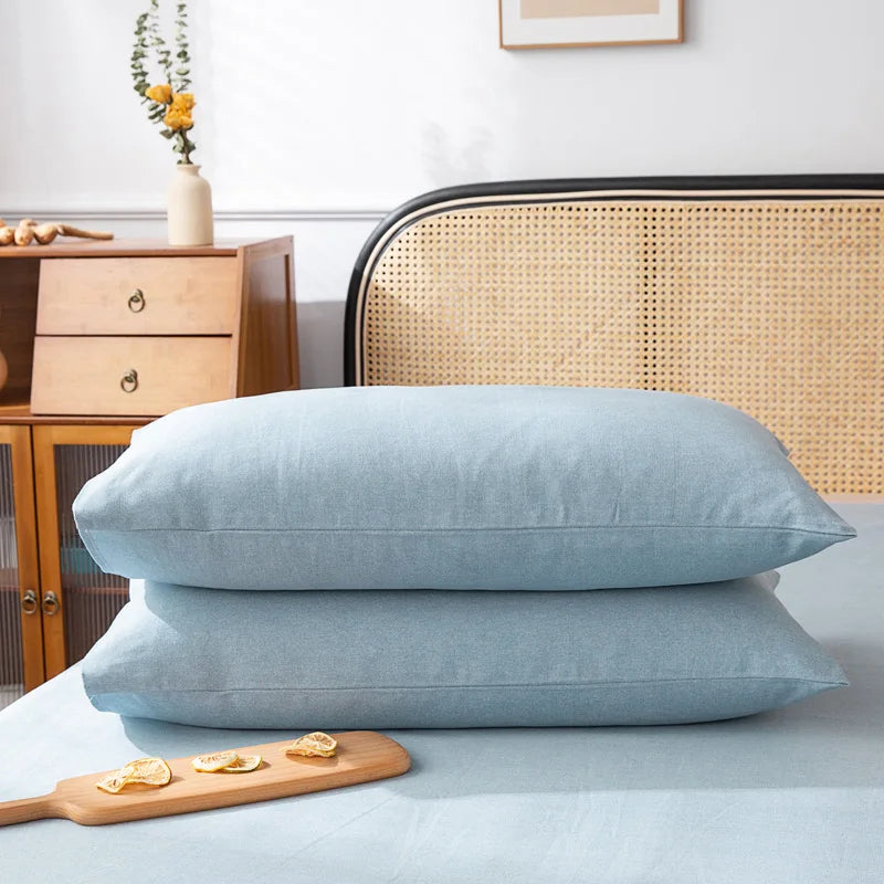 Deux oreillers bleu ciel posés sur un lit avec des meubles en bois et un fauteuil en rotin dans un intérieur moderne et épuré.