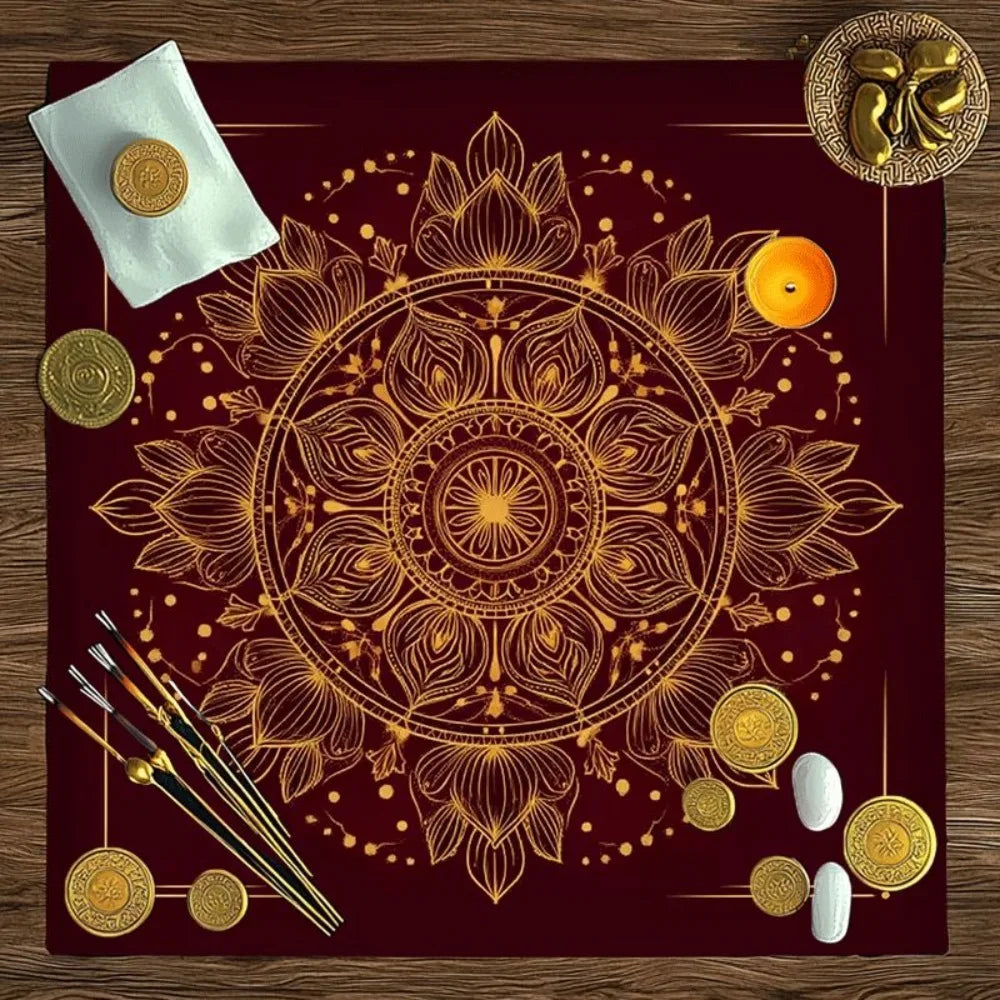 tapis mandala doré rouge cristaux fleurs séchées cartes tarot décoratif spiritualité chambre salon