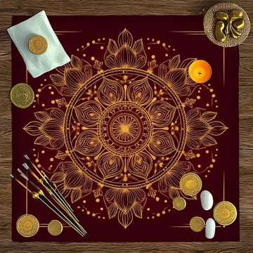 tapis mandala doré rouge cristaux fleurs séchées cartes tarot décoratif spiritualité chambre salon