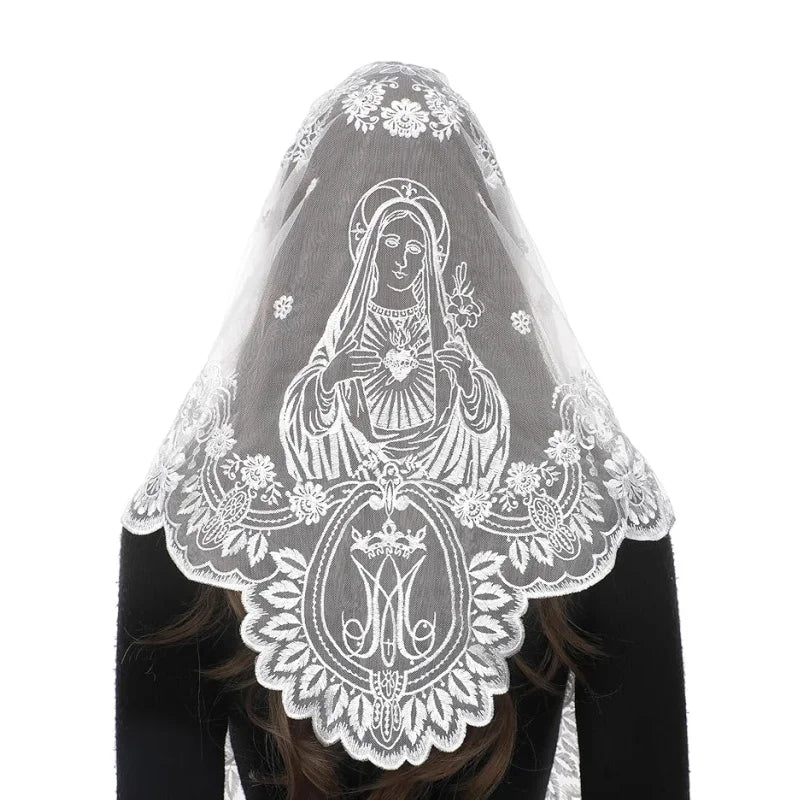 voile tête religieux voile mariée dentelle motif floral vierge marie cœur percé transparent traditionnel