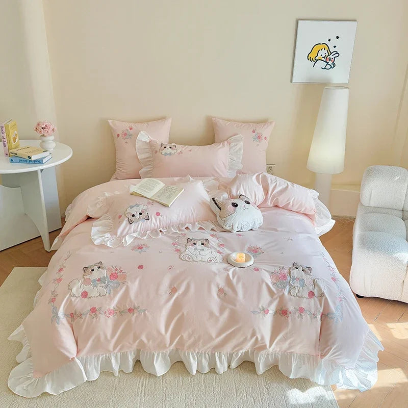 ensemble literie rose broderies chats fleurs ultra doux drap oreillers romantique