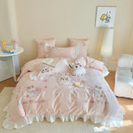 ensemble literie rose broderies chats fleurs ultra doux drap oreillers romantique