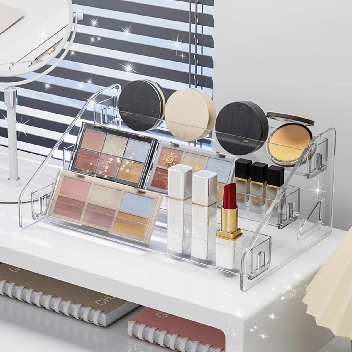 organisateur maquillage transparent palette fards crème yeux rouge lèvres fond teint poudre compacte outils