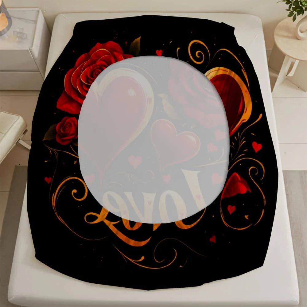 housse couette romantique imprimée roses rouges coeurs love élégante coton polyester noir rouge doré
