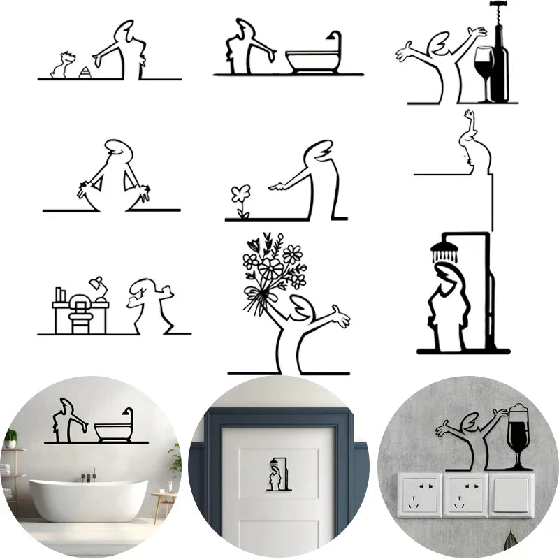 autocollant mural noir silhouette personne douche minimaliste linéaire décoration salle bain maison