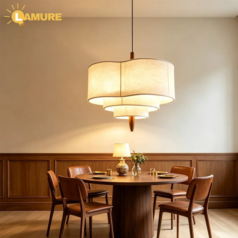 lampe suspendue tissu main beige moderne wabi sabi chaîne noire salon chambre