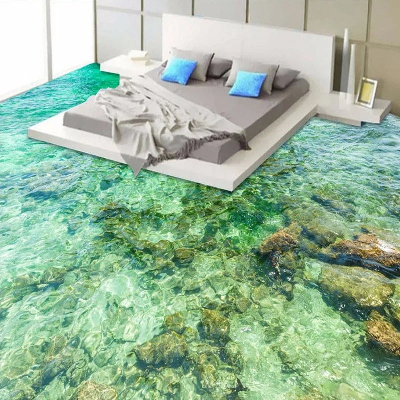 tapis imprimé moderne sous marin transparent bleu gris rochers eau claire