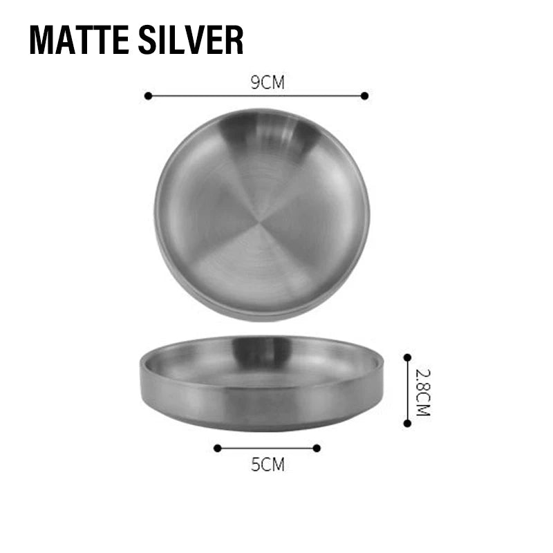 assiettes rondes inox lisses modernes argent doré sauces snacks transparentes maison restaurant
