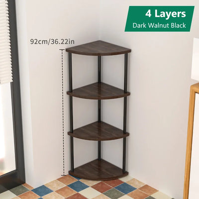 étagère d'angle murale bois moderne brun foncé rangement livres décorations plantes chambre salon minimaliste