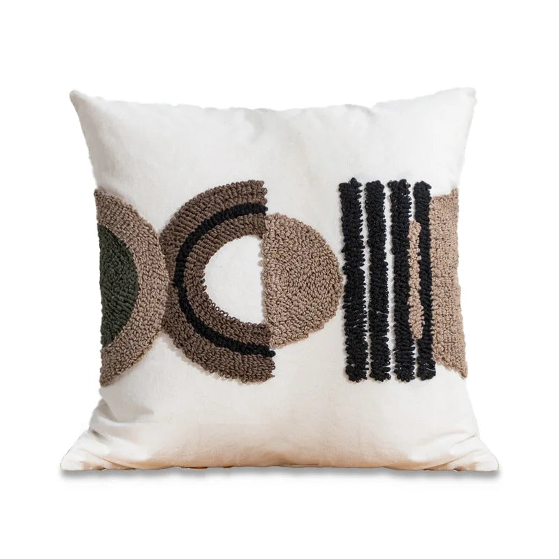 coussin décoratif nordique brodé motif géométrique beige moutarde orange brun boho chic