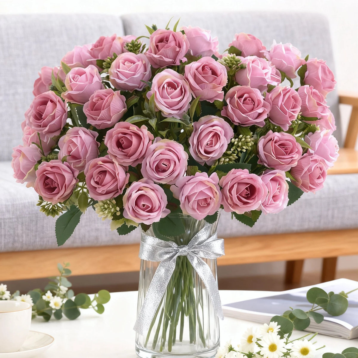 décoration extérieure moderne bouquet roses artificielles soie blanc rouge anniversaire mariage