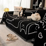 Housse canapé moderne beige dessins chats texture chenille oreiller love peluche tasse