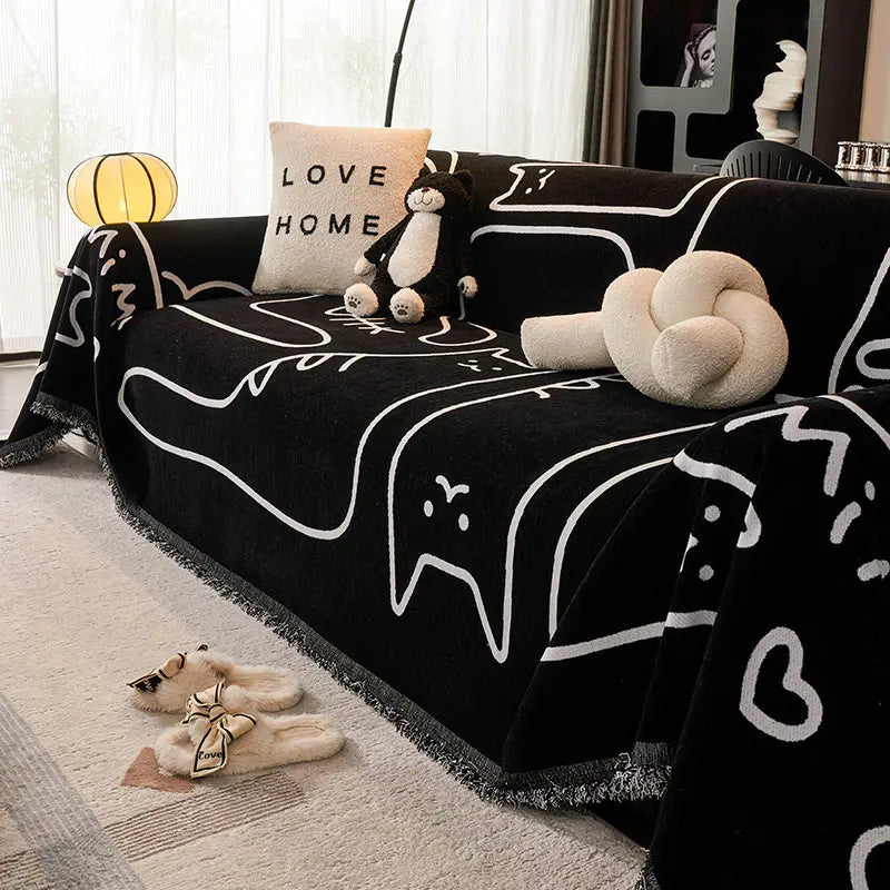 Housse canapé moderne beige dessins chats texture chenille oreiller love peluche tasse
