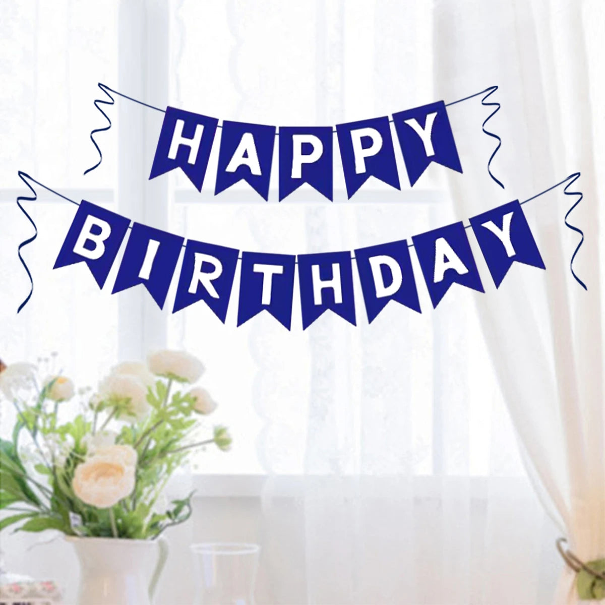guirlande fanions happy birthday bleu marine lettres imprimées occasion anniversaire mariage classique festif enfants