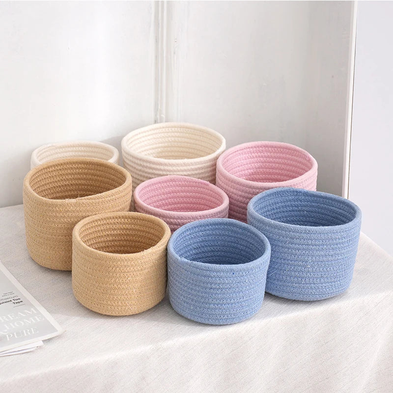 corbeilles rangement tissées coton blanc rose bleu clair pliables respectueuses l'environnement multifonctionnelles moderne rustique