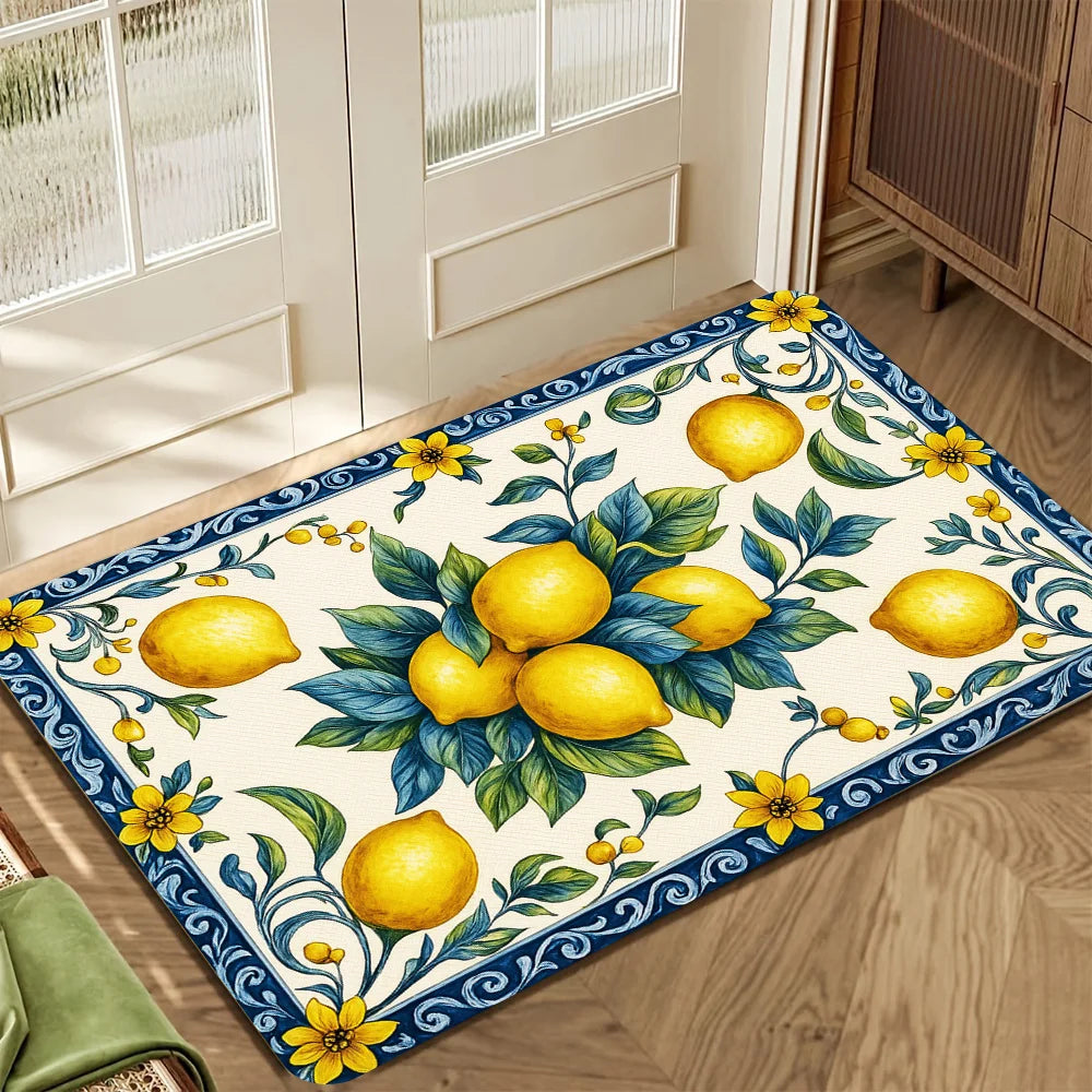 tapis sol antidérapant polyester motif floral citrons fleurs jaunes classique entrée salon chambre