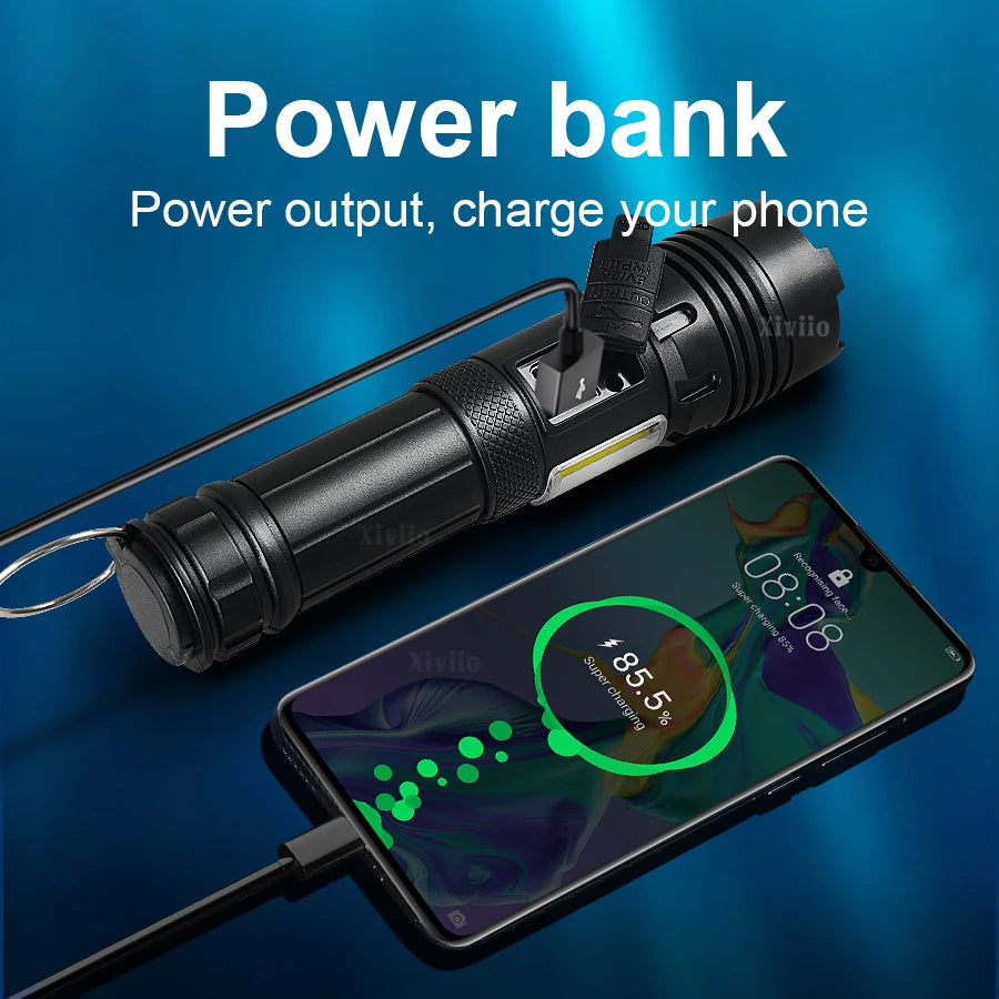 lampe torche multifonction led rechargeable 30w banque alimentation autodéfense texturée moderne noire