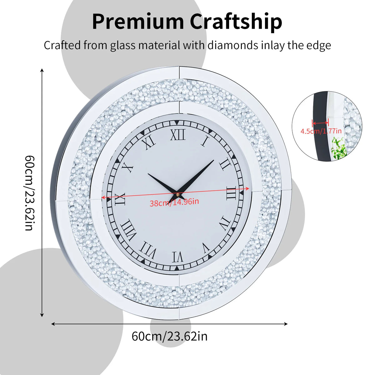 horloge murale moderne or strass 80cm quartz aiguille miroir salon