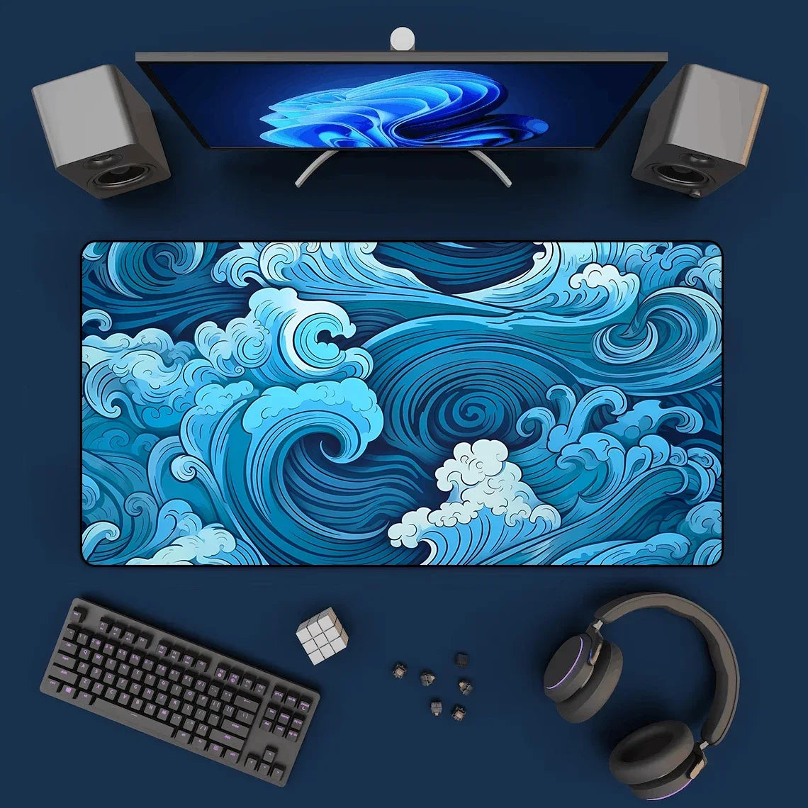 tapis souris bleu ondes marines moderne caoutchouc jeu 900x400 mm