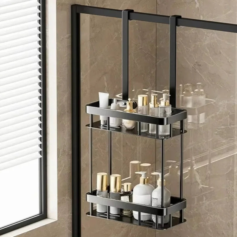 étagère salle bain suspendue porte panier douche double couche organisateur acier noir moderne fixations