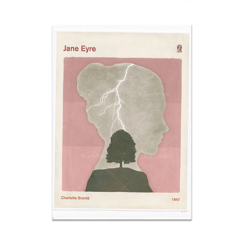 Une illustration en couleur représentant le personnage principal du roman "Jane Eyre" de Charlotte Brontë, montrant le profil d'une silhouette avec un arbre comme élément central.