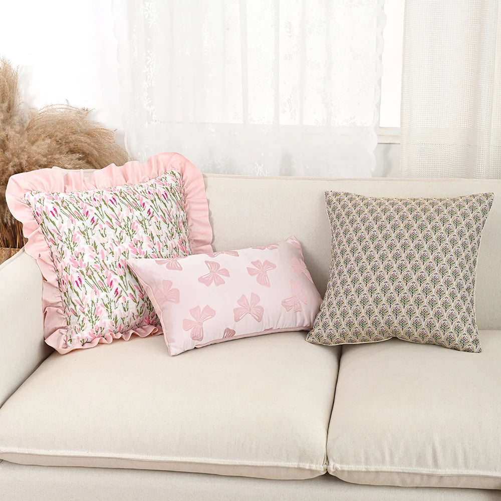 housse coussin polyester fleur rose motif noeud vintage 30x50cm 45x45cm decoration maison lit