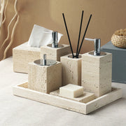 Ensemble accessoire salle de bain en marbre naturel beige - Distributeur savon, porte-savon, diffuseur
