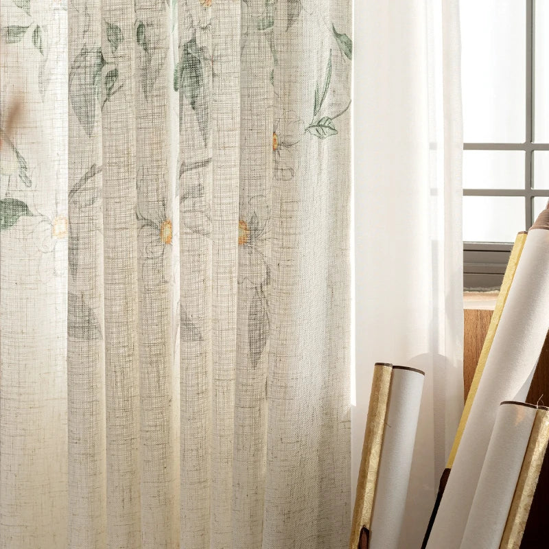 rideau fleur feuilles oiseaux beige translucide chinois moderne fenêtre française