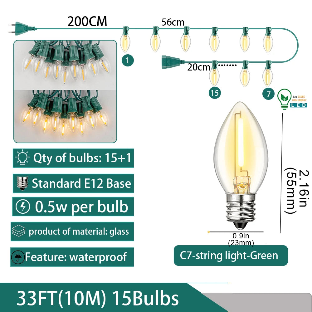 guirlande lumineuse led transparente moderne vert blanc 25ft 10bulb ip44 étanche clips