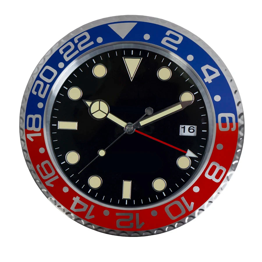 horloge murale plongée bleu vert rouge cadran lumineux aiguille quartz métal fixations