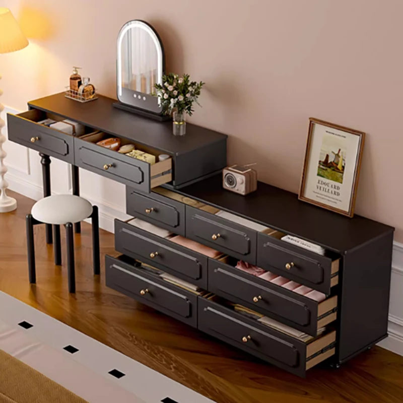 meuble rangement noir miroir tiroirs dorés plateau lisse classique chambre coucher