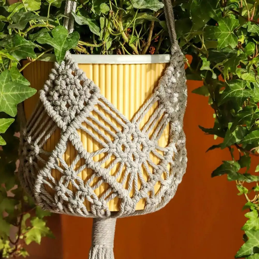 sac suspendu macramé boho hooks plante tissé beige marronclair gris artisanal