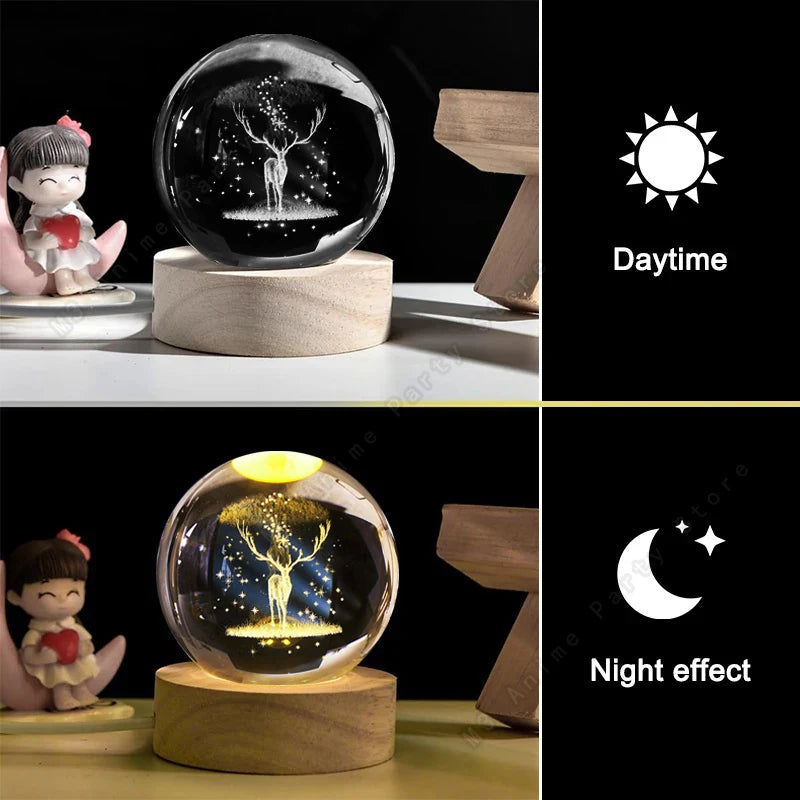 veilleuse boule cristal arbre étoiles transparente base bois câble usb decoration chambre moderne