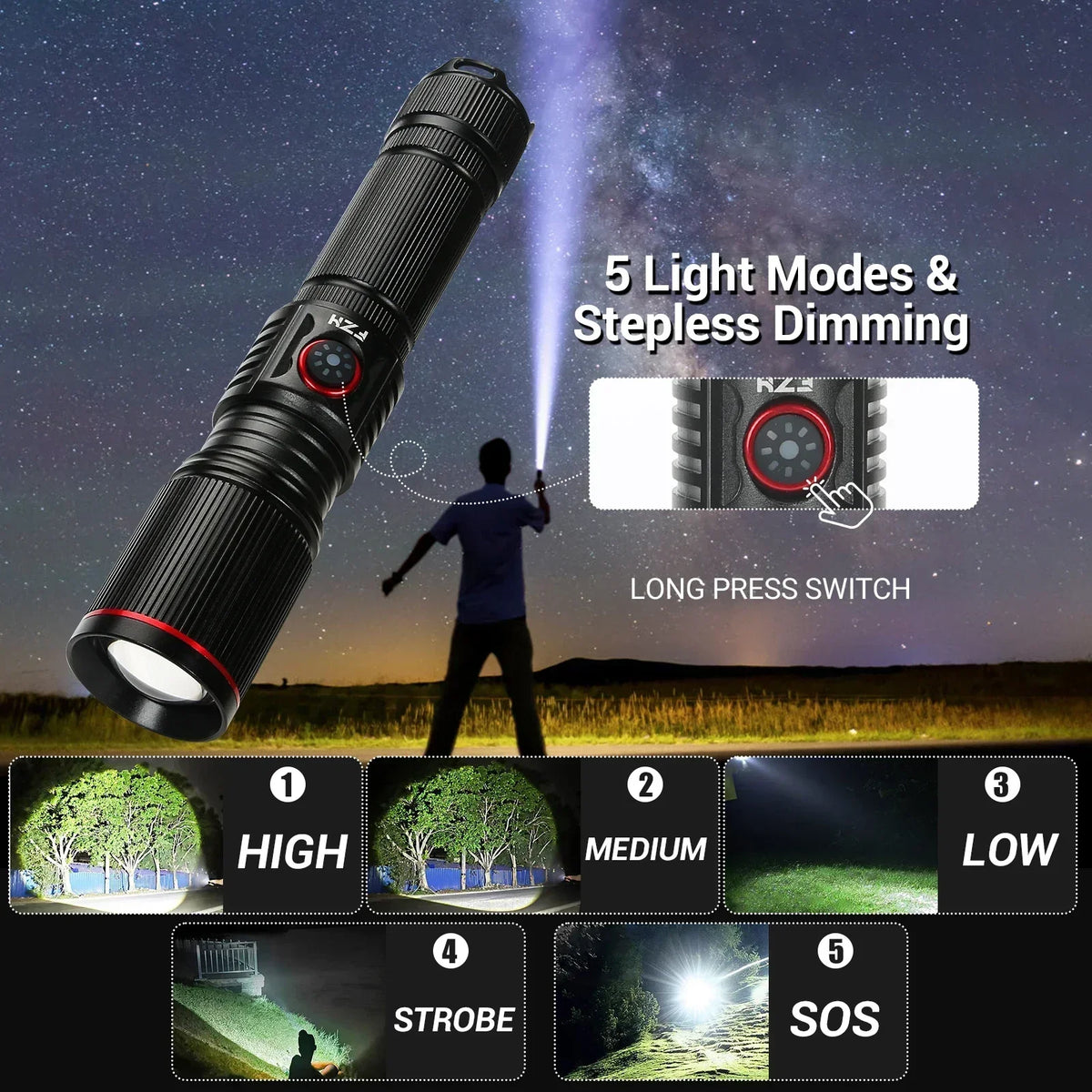 torche rechargeable 30w led noire camping intense réglable vertical moderne