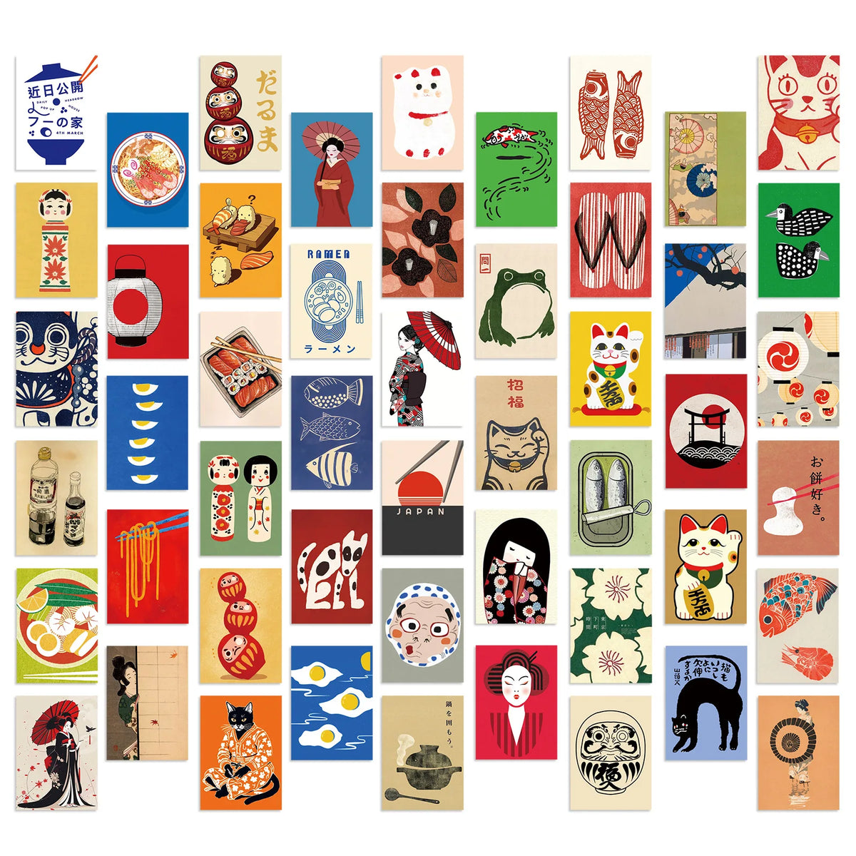 stickers japonais modernes motifs geisha chats ukiyo colorés pack 50 100 pieces