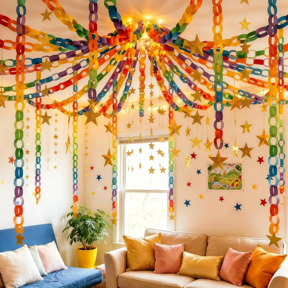 guirlande papier multicolore étoiles fêtes anniversaires mariages événements géométrique festive