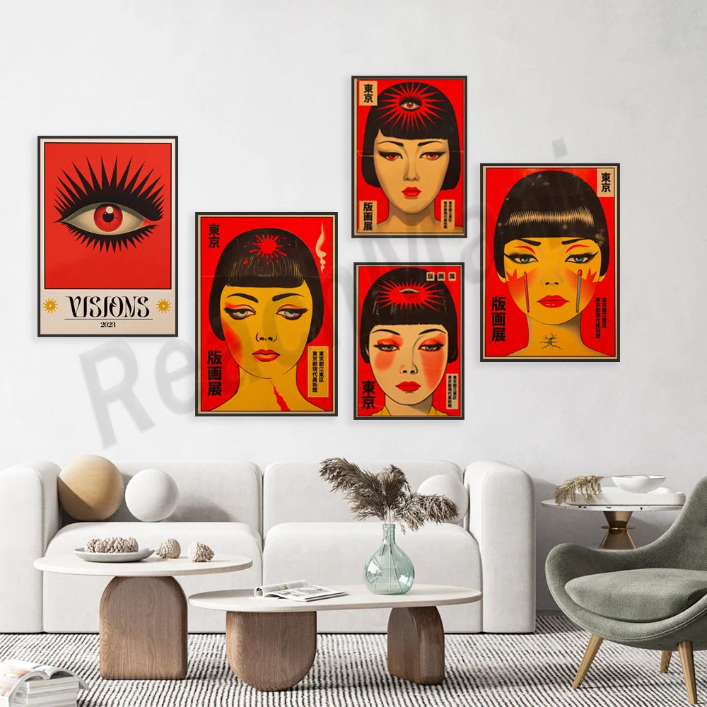 L'image présente une collection d'affiches décoratives avec des illustrations de visages féminins aux yeux expressifs et de motifs géométriques rouges, offrant une atmosphère élégante et moderne à l'espace de vie.