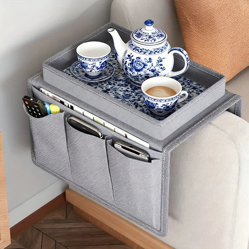 organisateur canapé plateau poches rangement moderne noir gris tissu texturé respectueux environnement