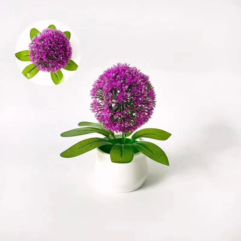 plantes artificielles boule fleurs violet orange blanc feuilles vertes moderne décoration intérieure pot blanc
