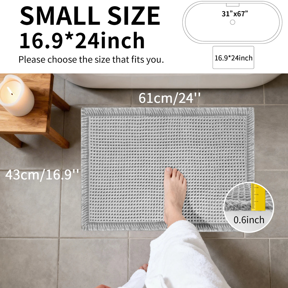 tapis bain gris clair moderne antidérapant absorbant bordure frisée géométrique PVC respectueux environnement 43cmx61cm