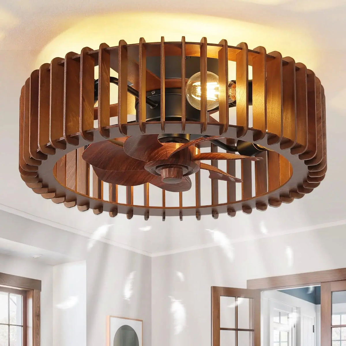 ventilateur moderne bois rayures horizontales ampoules fixation 7.9 10.5 pieds