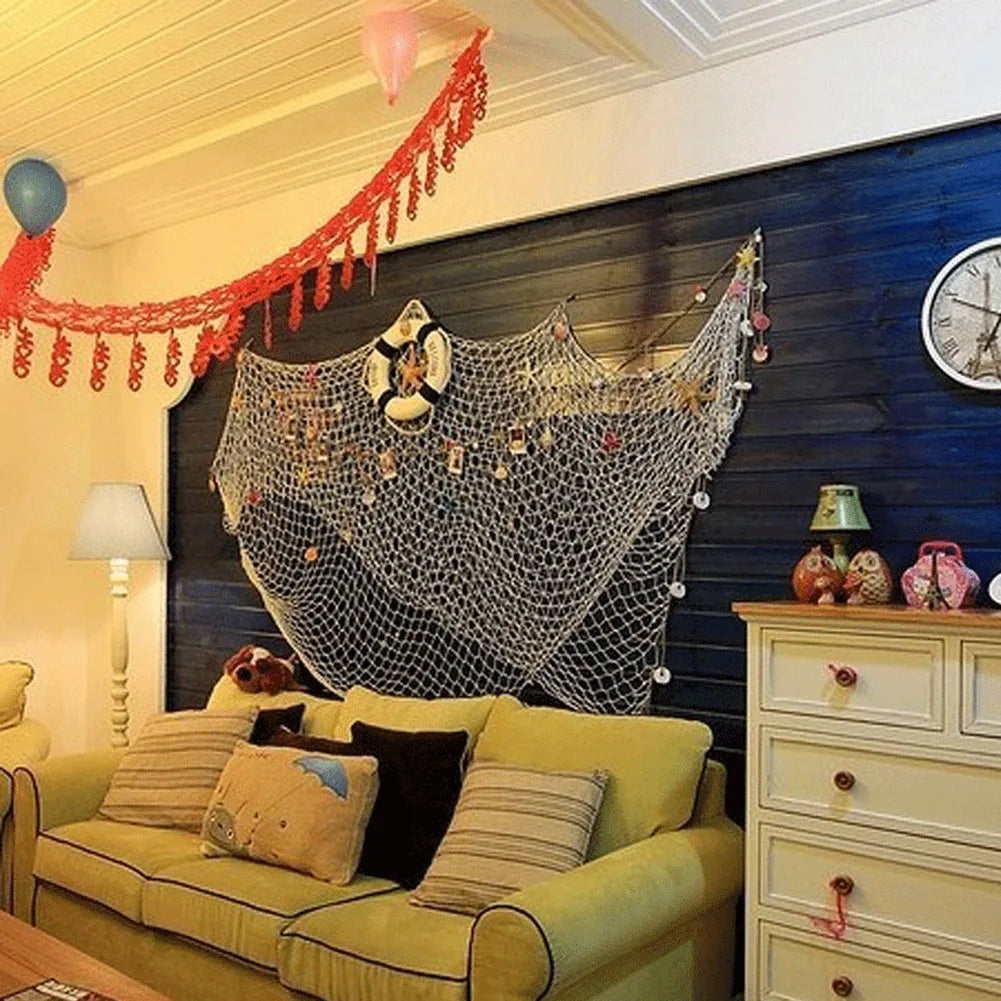 décoration murale filet pêche bleu marine coquillages motifs nautiques rustiques bohèmes éléments marins