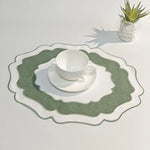 sets table coton abstraits vert jaune orange marron blanc modernes minimalistes textures douces assiettes