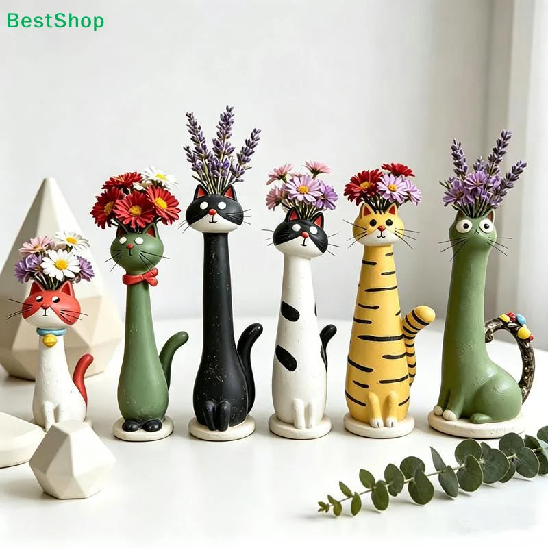 vases résine forme chat moderne couleur verte yeux oreilles queue motifs fleursDecorationMaisonBureauOrnementCartoon