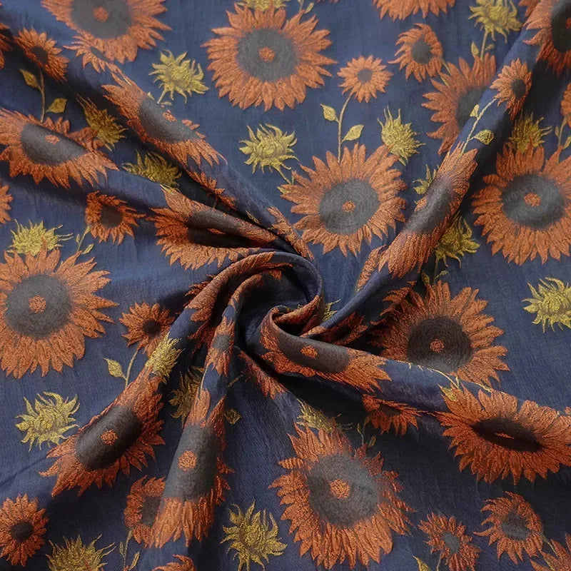 tissu bohème floral tournesols bleu foncé orange semi transparent polyester 160cm decoration couture fausses